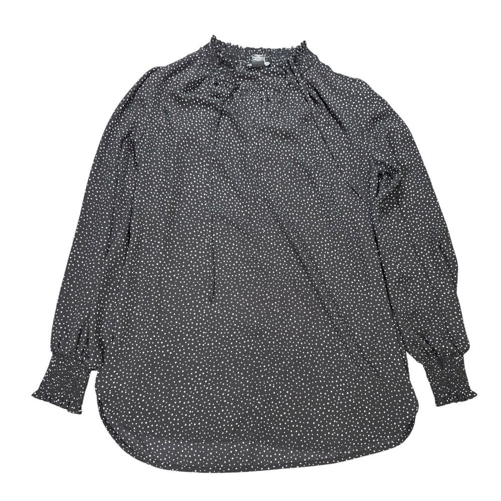 Jones New York Polka Dot Blouse Women's Size M Black White Smocked Mock Neck